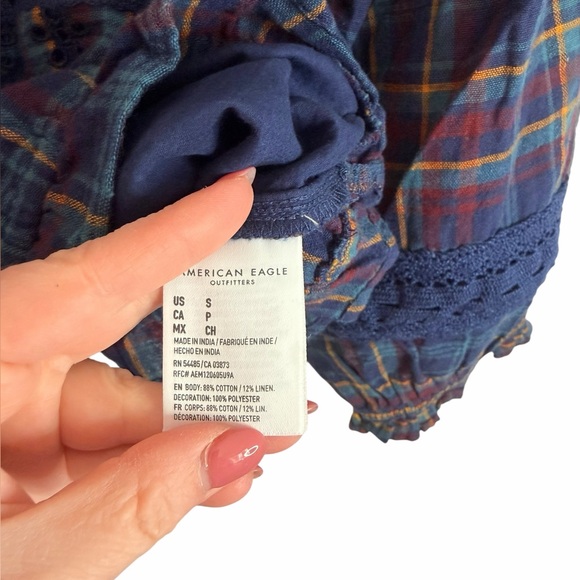 American Eagle Blue Plaid Crochet Lace Puff-Sleeve Blouse Women’s Sz Small NWT - Picture 7 of 10